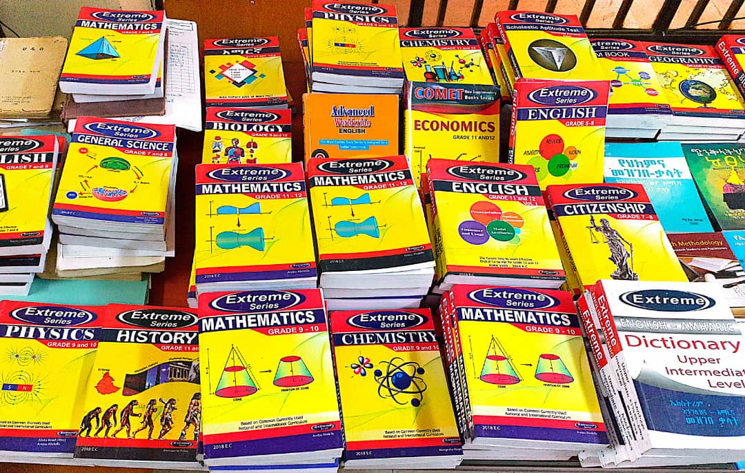 Close-up of textbooks donated to Gondar Public Library